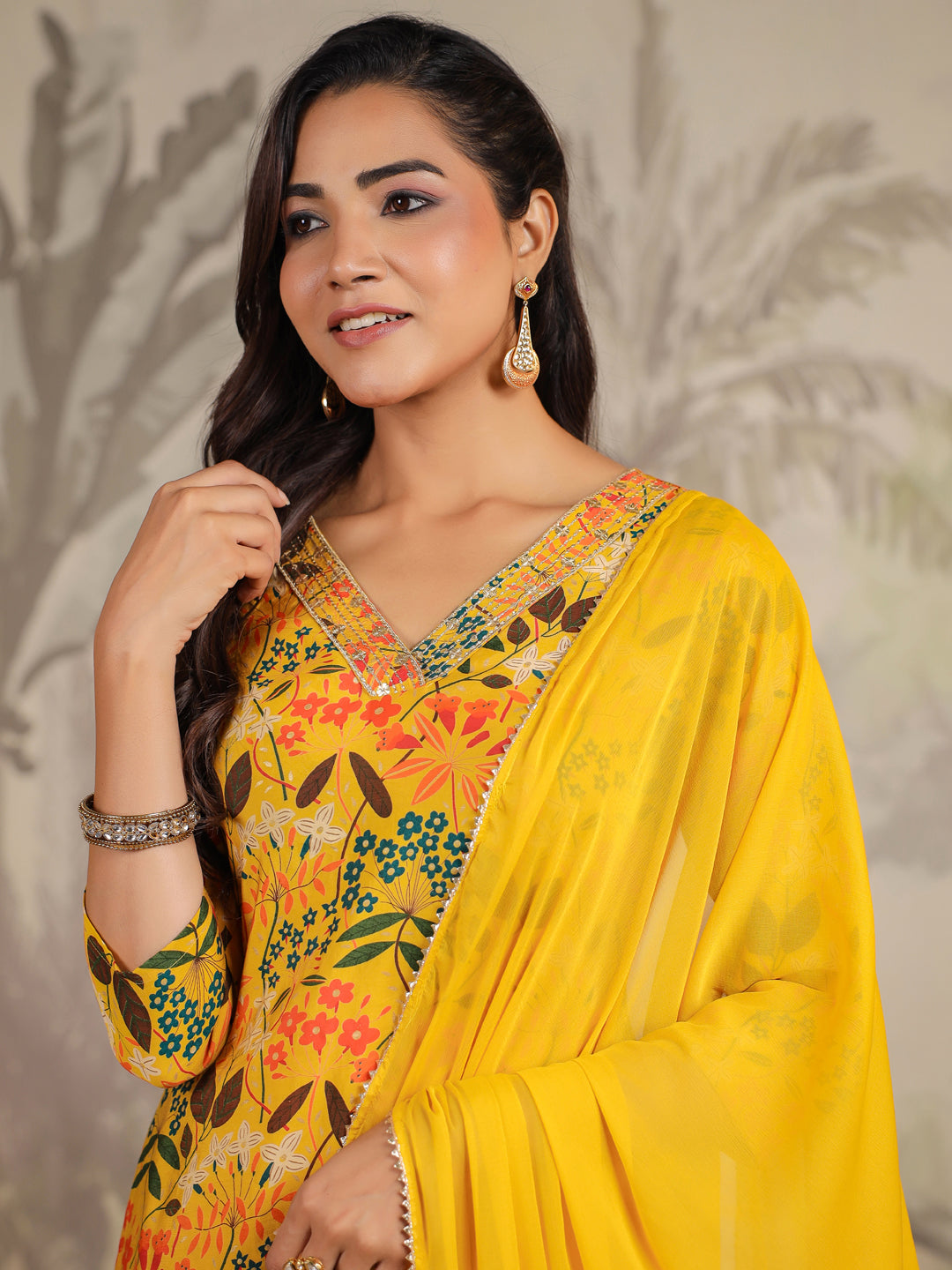 Mustard Chanderi Floral Printed Straight Kurta Set  - By Janasya