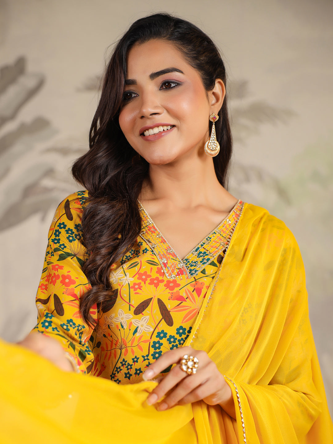 Mustard Chanderi Floral Printed Straight Kurta Set  - By Janasya