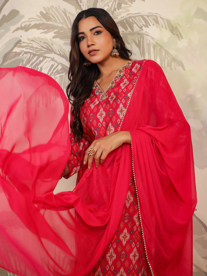 Pink Chanderi Ikkat Printed Straight Kurta Set  - By Janasya