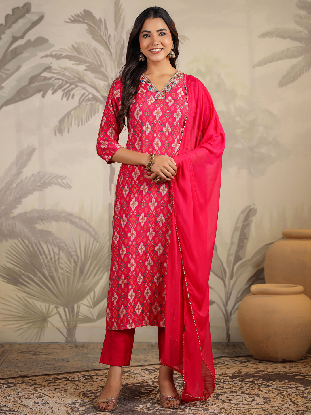 Pink Chanderi Ikkat Printed Straight Kurta Set  - By Janasya