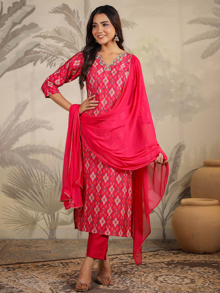 Pink Chanderi Ikkat Printed Straight Kurta Set  - By Janasya