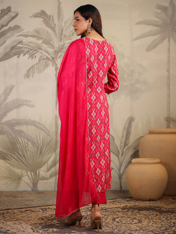 Pink Chanderi Ikkat Printed Straight Kurta Set  - By Janasya