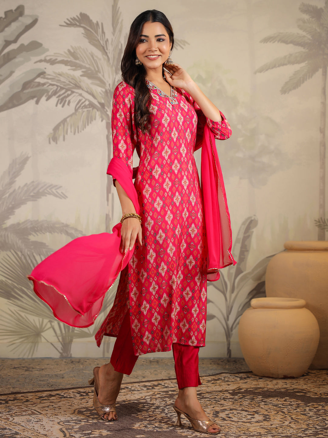 Pink Chanderi Ikkat Printed Straight Kurta Set  - By Janasya