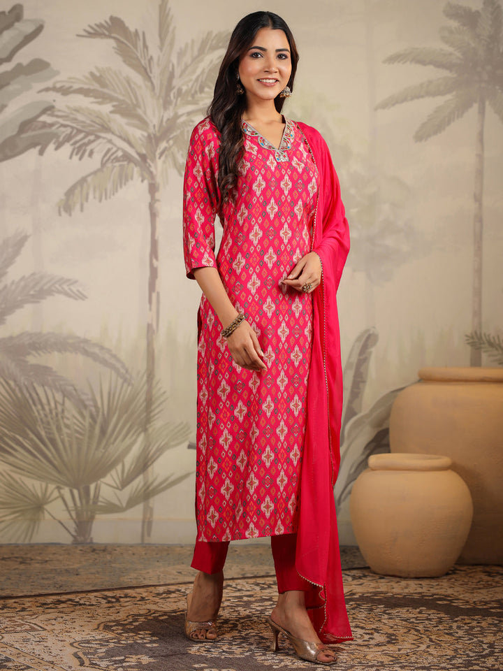 Pink Chanderi Ikkat Printed Straight Kurta Set  - By Janasya