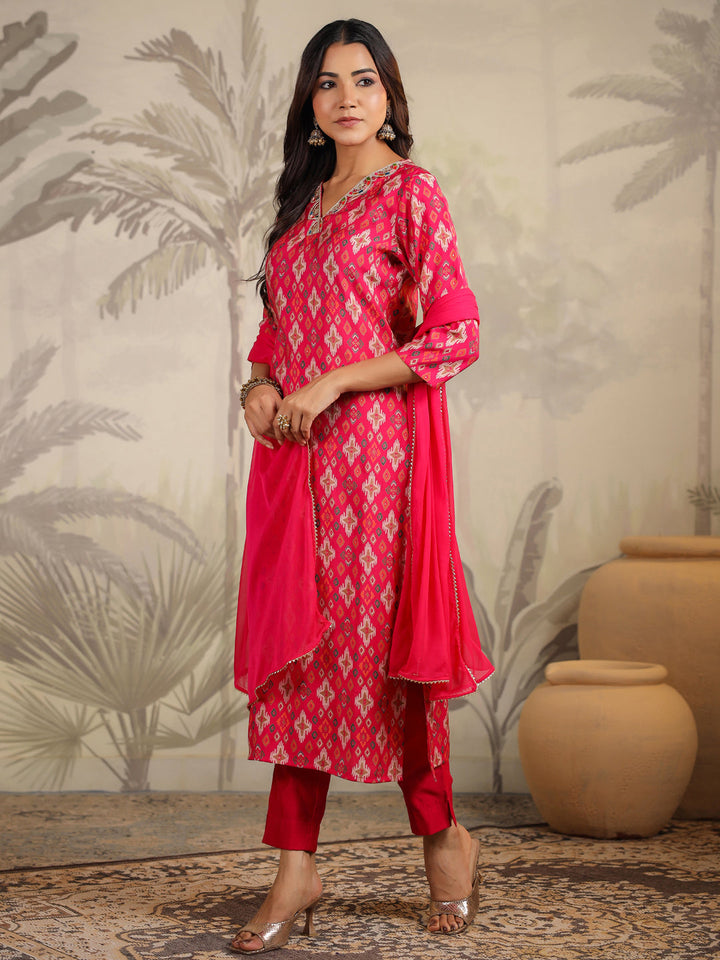 Pink Chanderi Ikkat Printed Straight Kurta Set  - By Janasya