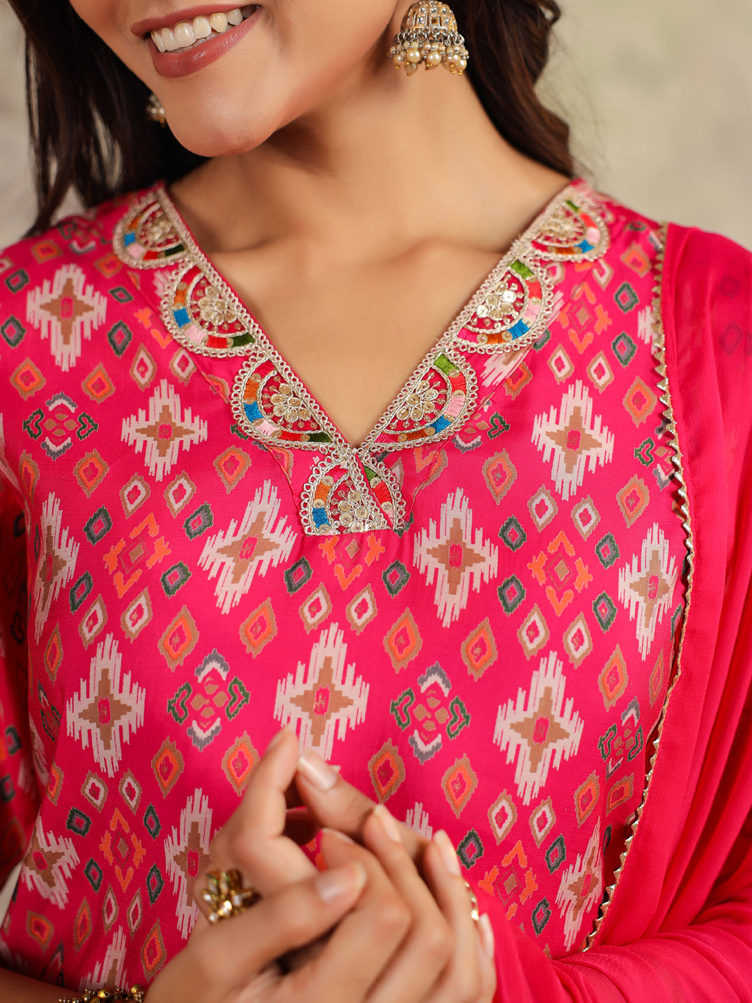 Pink Chanderi Ikkat Printed Straight Kurta Set  - By Janasya