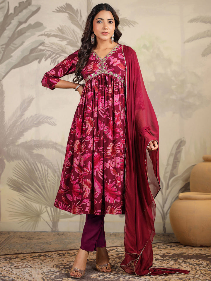 Wine Chanderi Floral Printed A-Line Kurta Set  - By Janasya