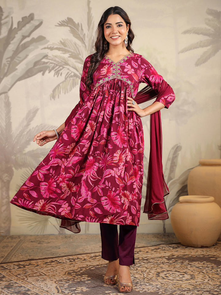 Wine Chanderi Floral Printed A-Line Kurta Set  - By Janasya