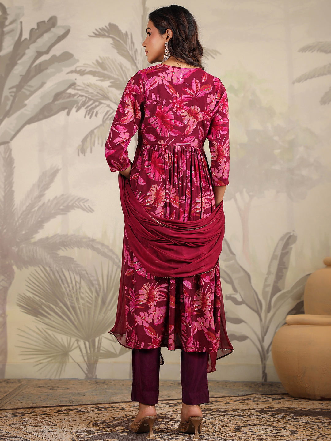 Wine Chanderi Floral Printed A-Line Kurta Set  - By Janasya