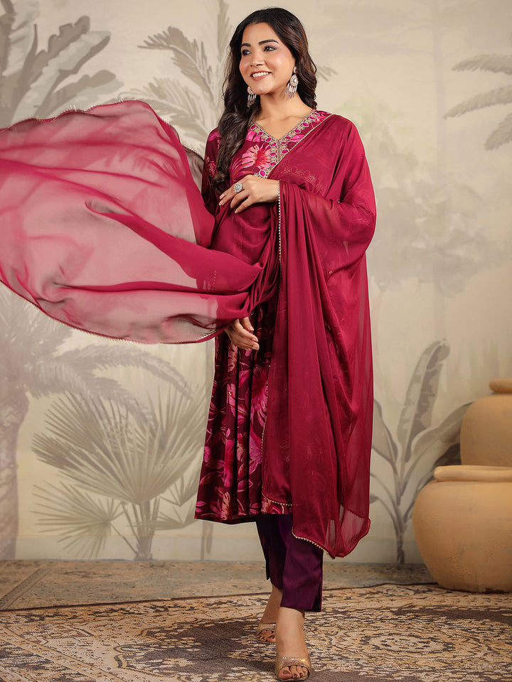 Wine Chanderi Floral Printed A-Line Kurta Set  - By Janasya