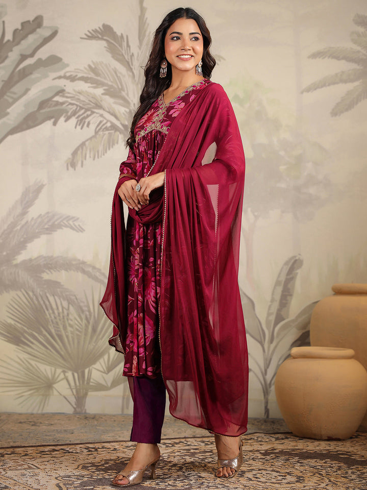 Wine Chanderi Floral Printed A-Line Kurta Set  - By Janasya