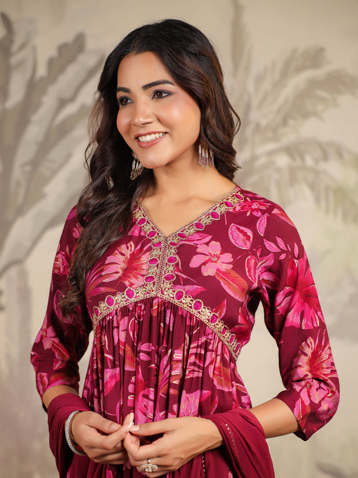 Wine Chanderi Floral Printed A-Line Kurta Set  - By Janasya