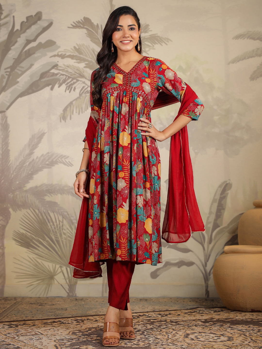 Maroon Chanderi Floral Printed A-Line Kurta Set  - By Janasya