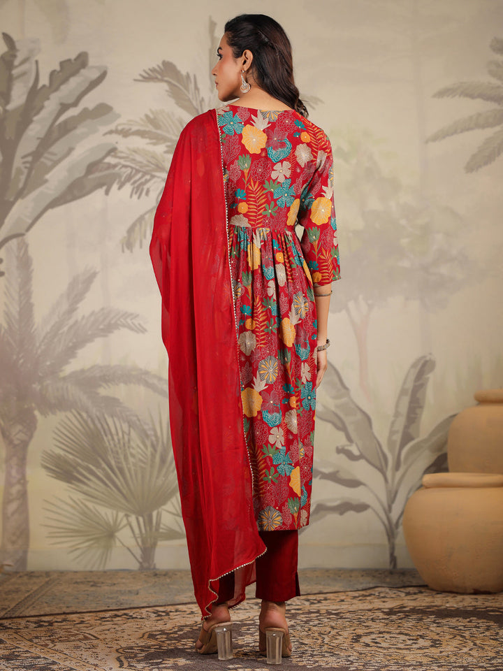 Maroon Chanderi Floral Printed A-Line Kurta Set  - By Janasya