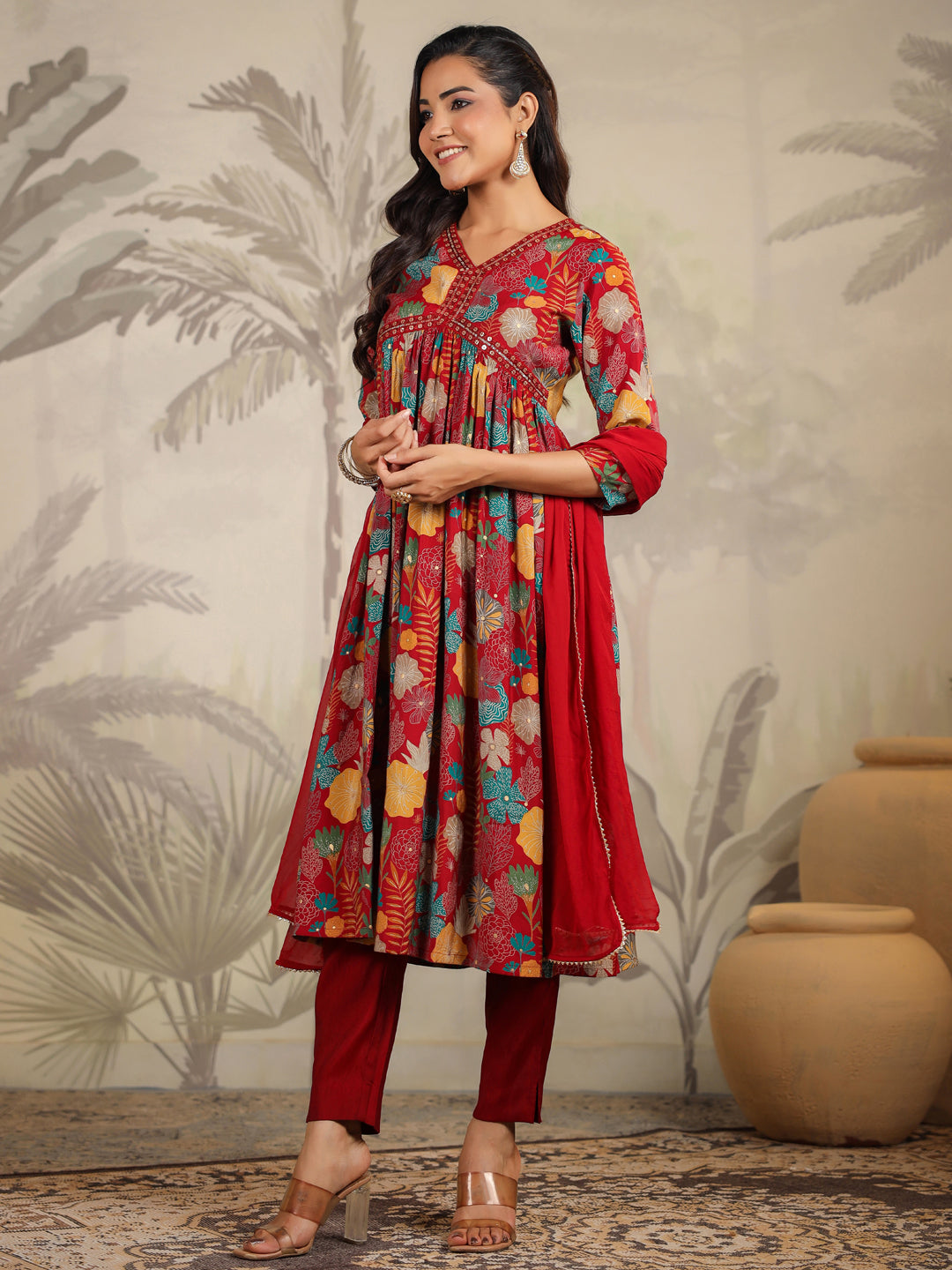 Maroon Chanderi Floral Printed A-Line Kurta Set  - By Janasya