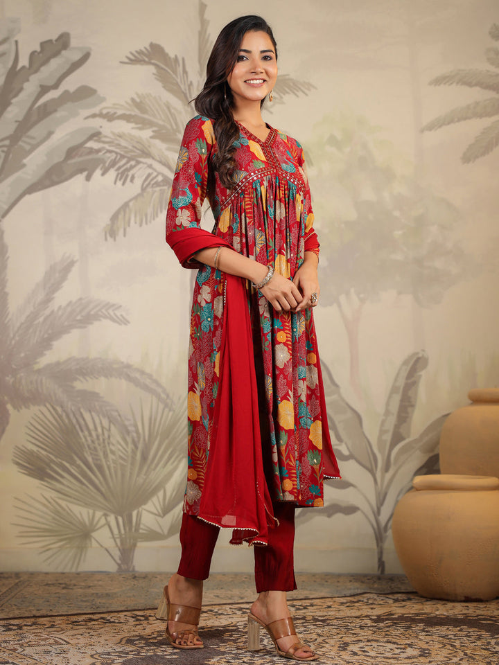 Maroon Chanderi Floral Printed A-Line Kurta Set  - By Janasya