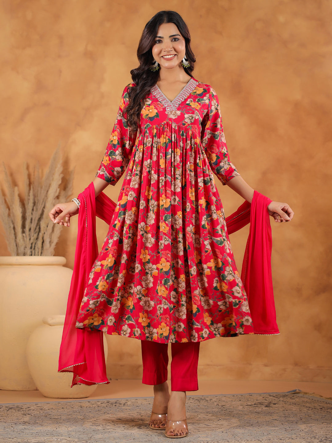 Pink Chanderi Floral Printed A-Line Kurta Set  - By Janasya