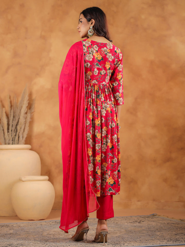 Pink Chanderi Floral Printed A-Line Kurta Set  - By Janasya