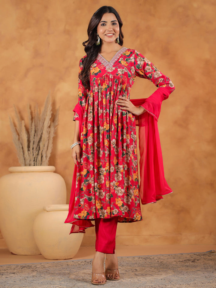 Pink Chanderi Floral Printed A-Line Kurta Set  - By Janasya