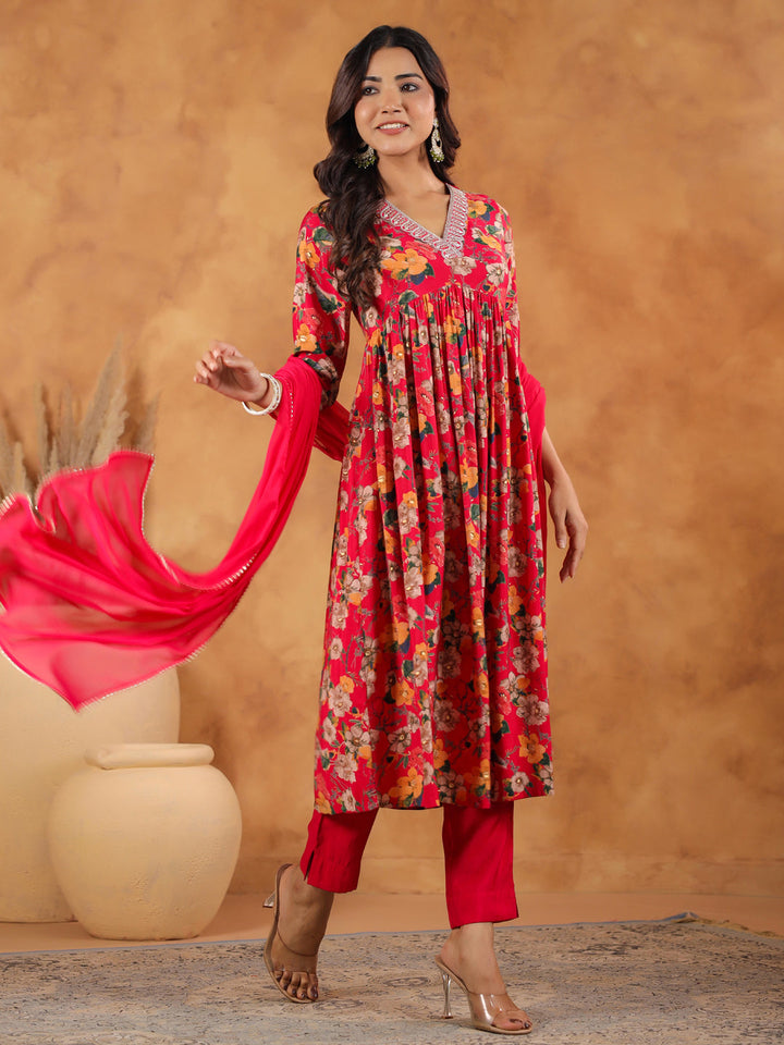 Pink Chanderi Floral Printed A-Line Kurta Set  - By Janasya