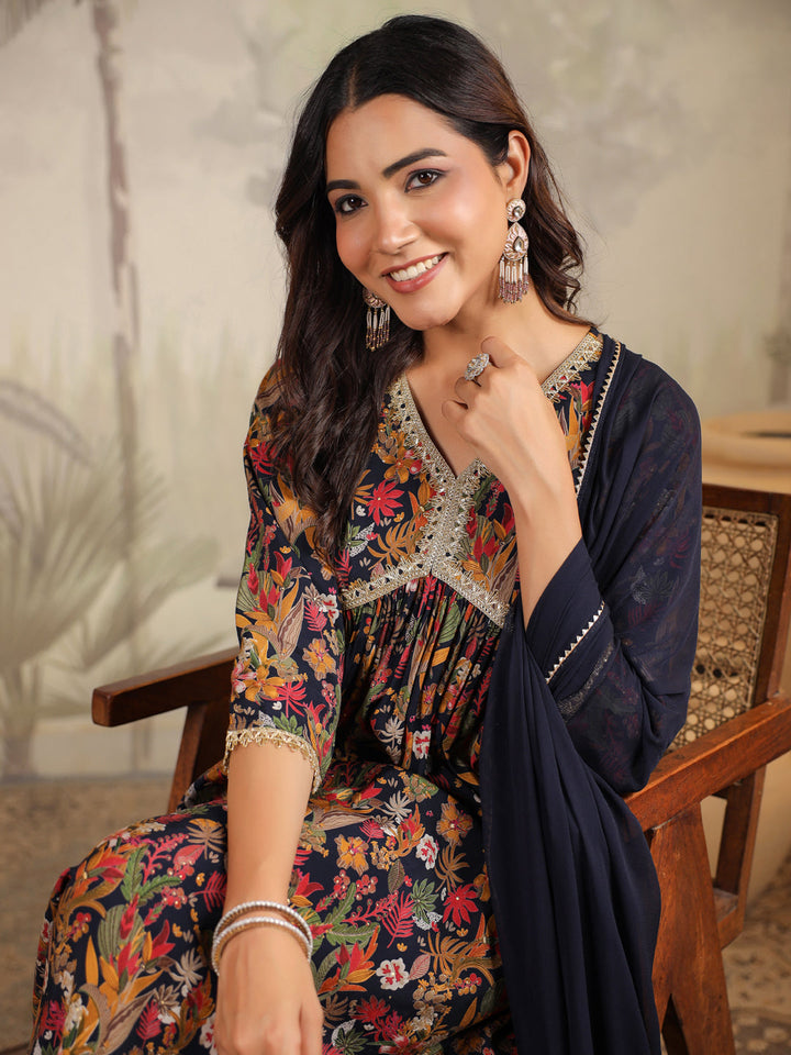 Black Chanderi Floral Printed A-Line Kurta Set  - By Janasya