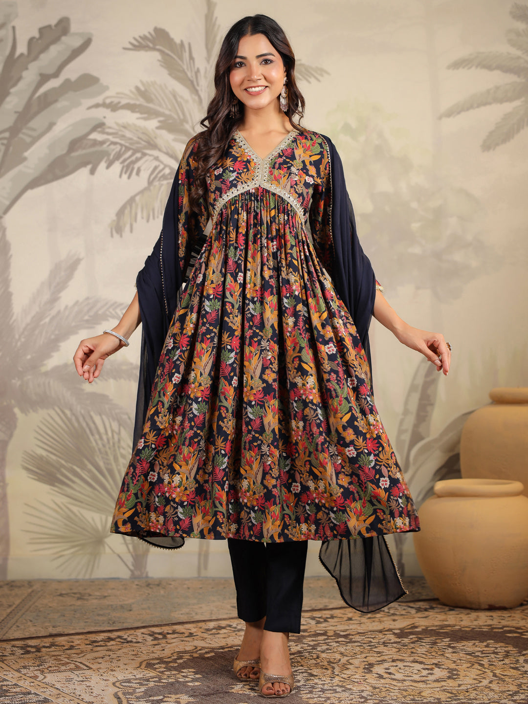 Black Chanderi Floral Printed A-Line Kurta Set  - By Janasya