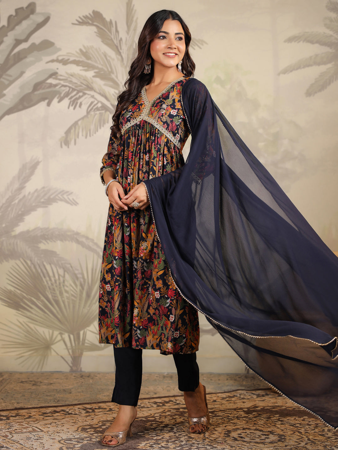 Black Chanderi Floral Printed A-Line Kurta Set  - By Janasya