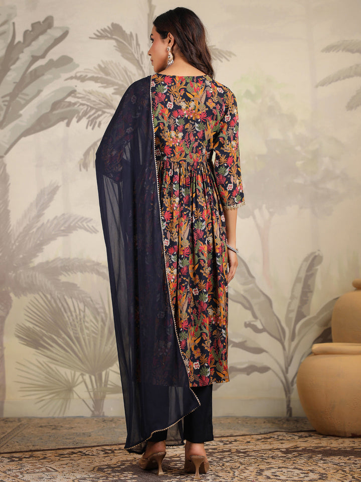 Black Chanderi Floral Printed A-Line Kurta Set  - By Janasya