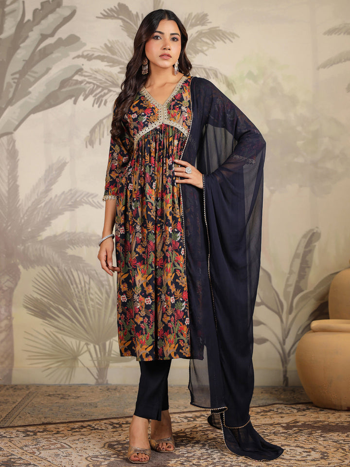 Black Chanderi Floral Printed A-Line Kurta Set  - By Janasya