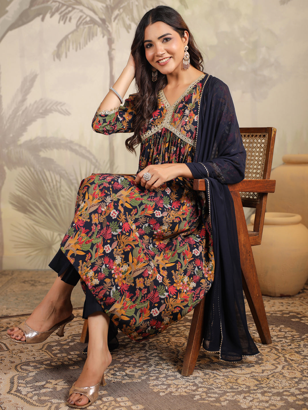 Black Chanderi Floral Printed A-Line Kurta Set  - By Janasya