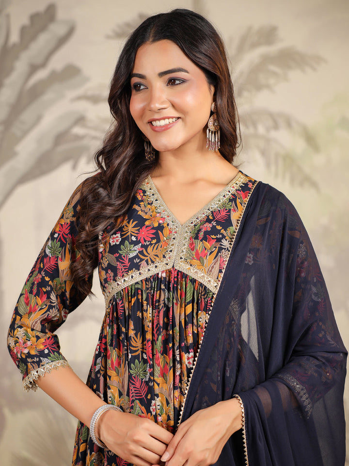 Black Chanderi Floral Printed A-Line Kurta Set  - By Janasya