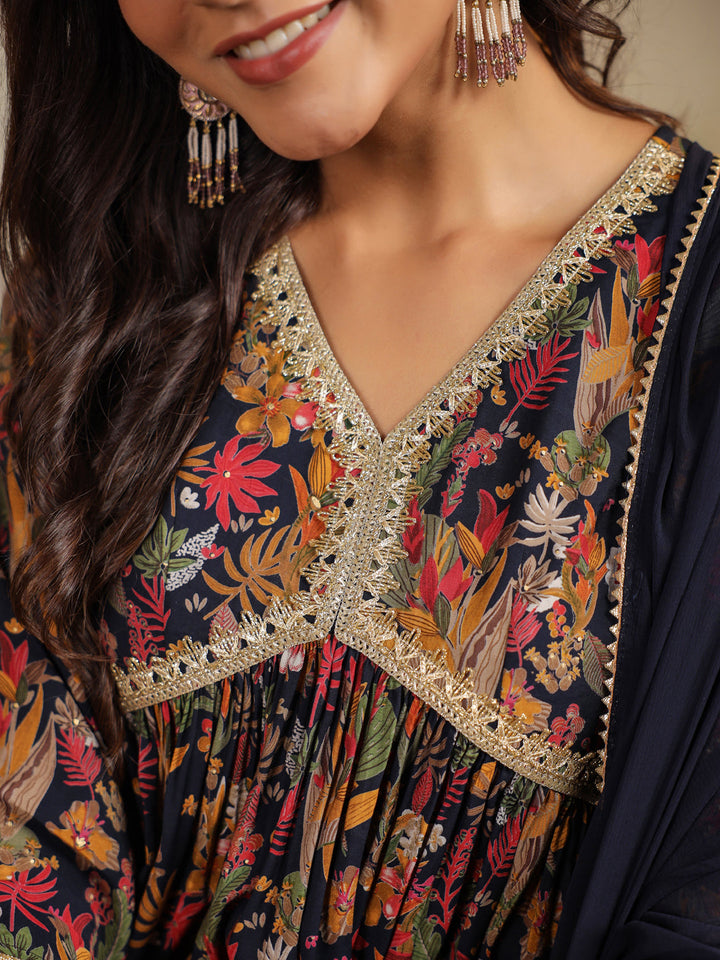 Black Chanderi Floral Printed A-Line Kurta Set  - By Janasya