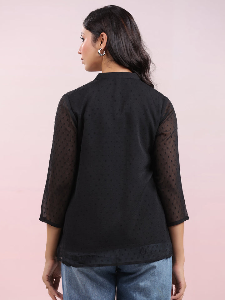 Black Dobby Chiffon Self Design Top - By Janasya