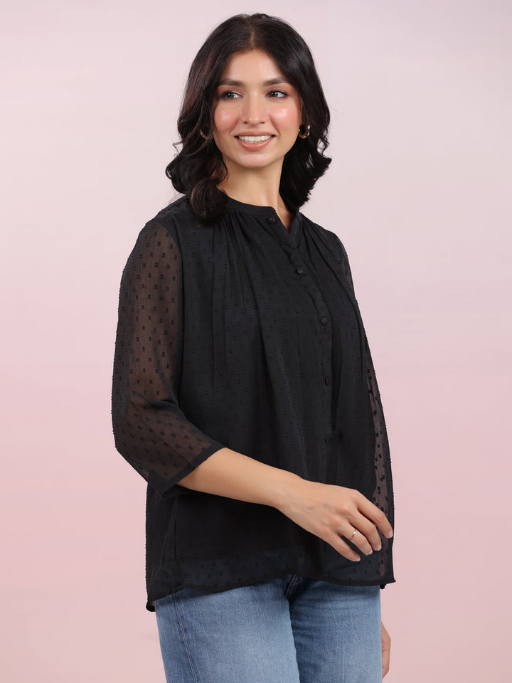 Black Dobby Chiffon Self Design Top - By Janasya