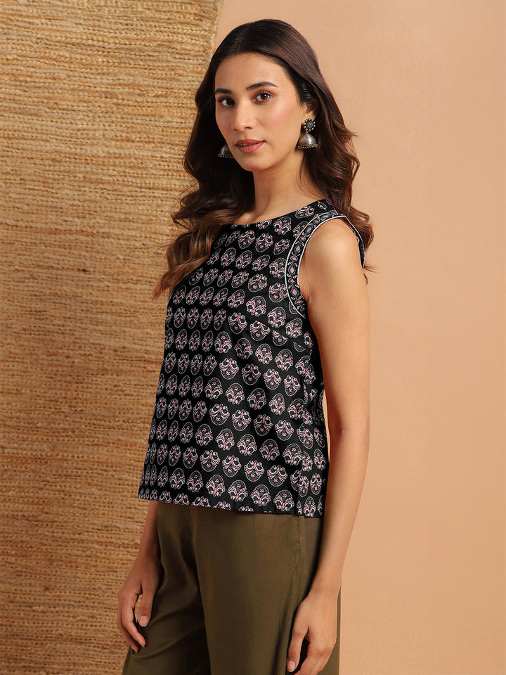 Black Pure Cotton Floral Printed Top - By Janasya