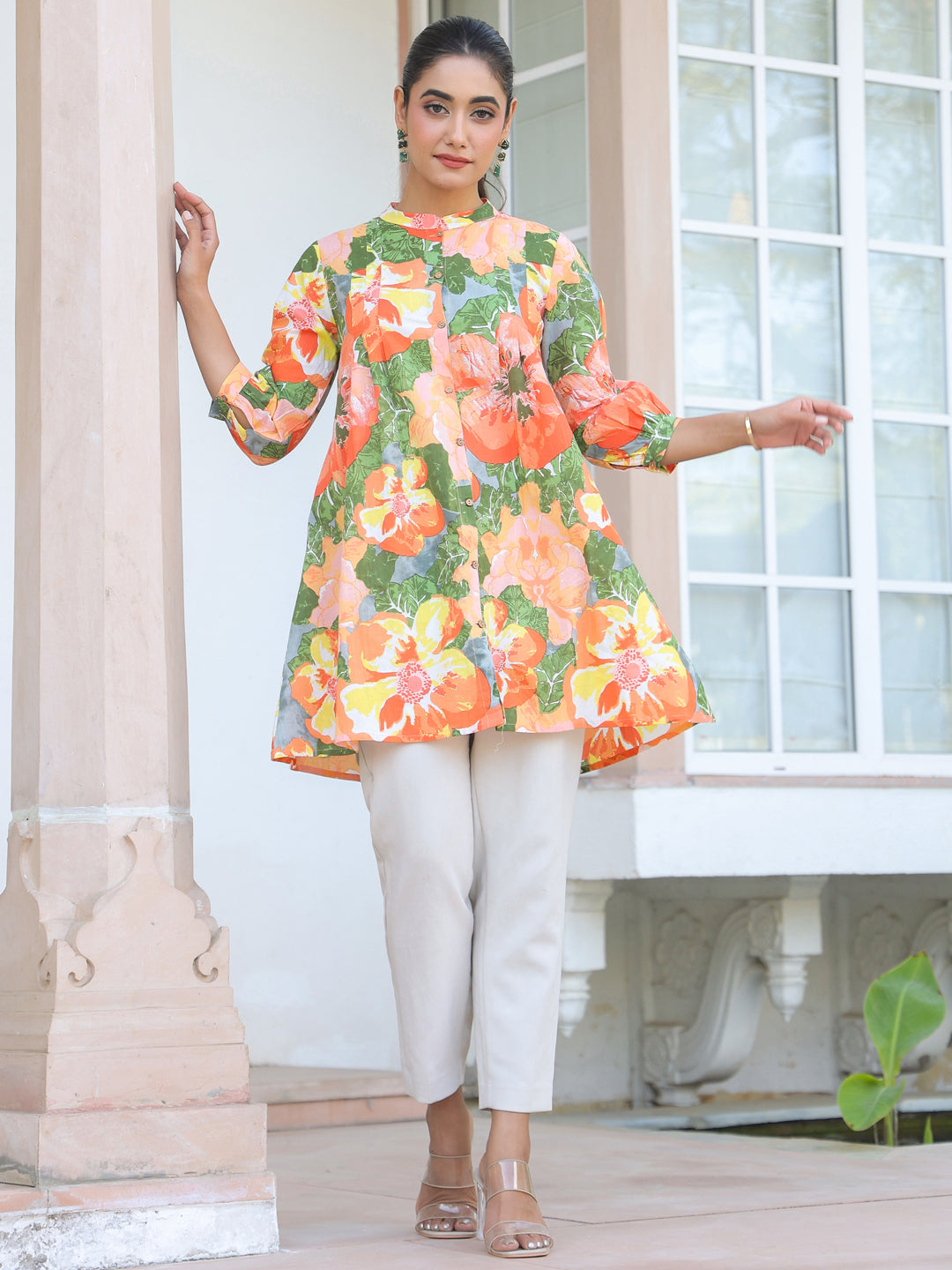 Multicolor Pure Cotton Floral Printed A-line Tunic - qivii
