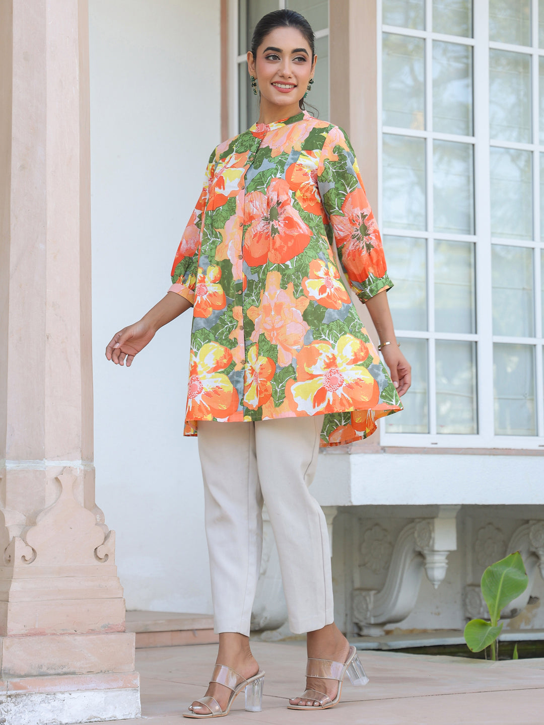 Multicolor Pure Cotton Floral Printed A-line Tunic - qivii