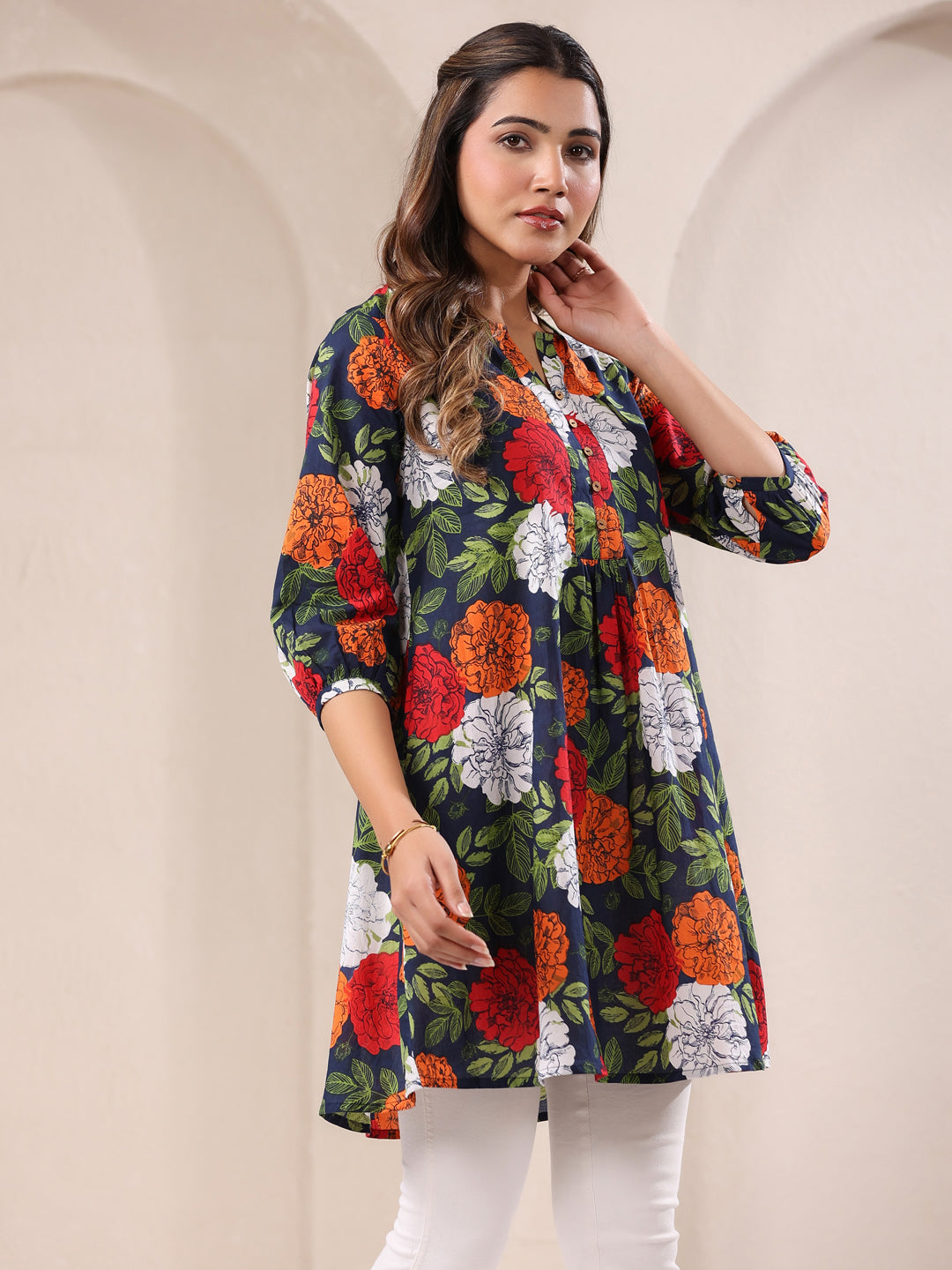 Blue Pure Cotton Floral Printed A-Line Tunic - qivii