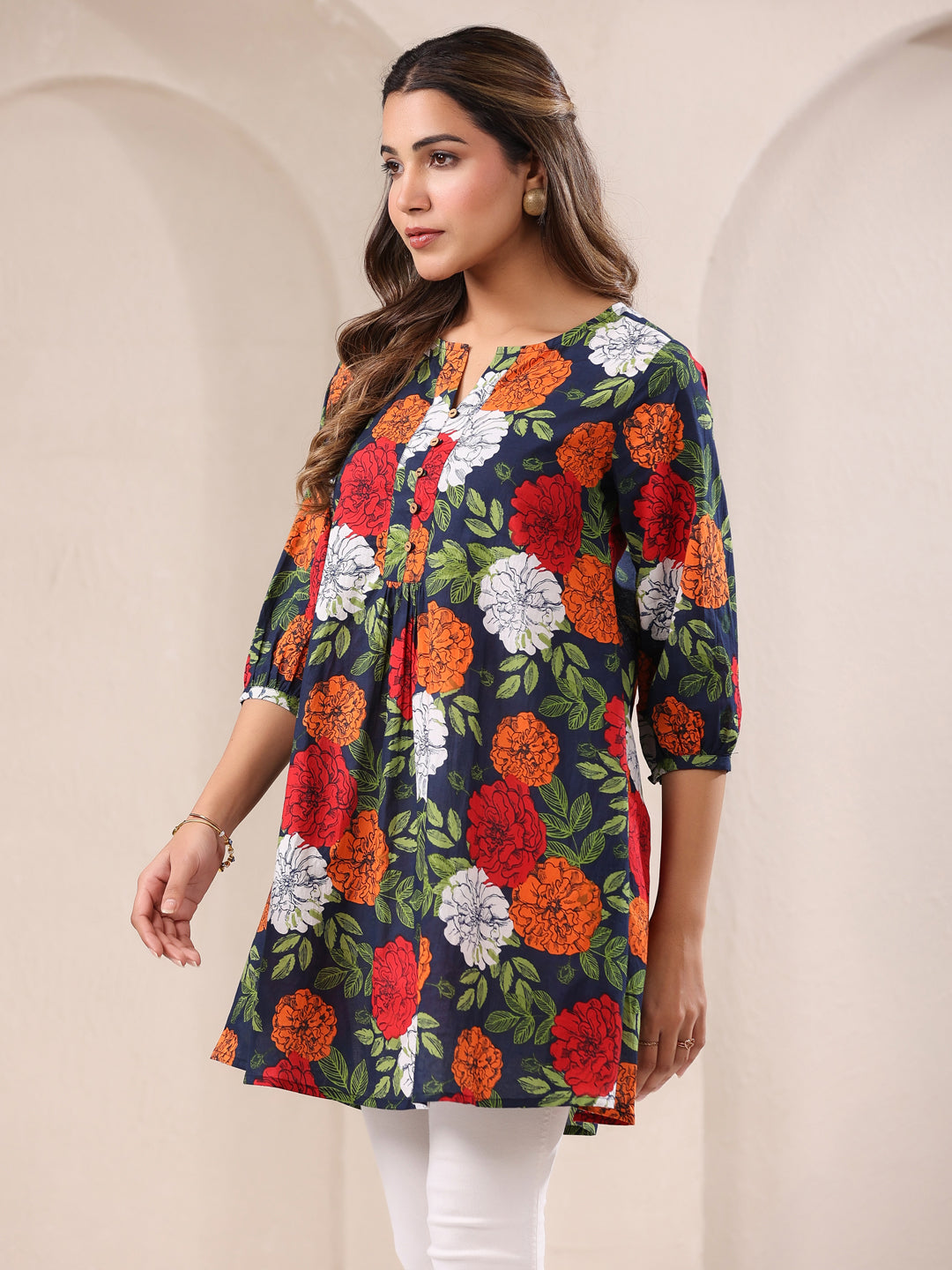 Blue Pure Cotton Floral Printed A-Line Tunic - qivii