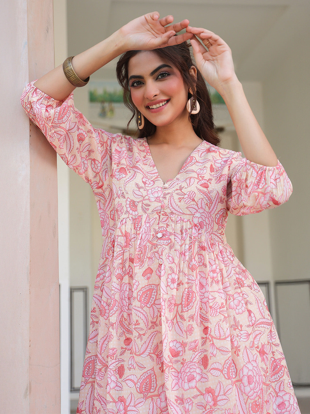 Peach Georgette Floral Printed Gathered Tunic - qivii