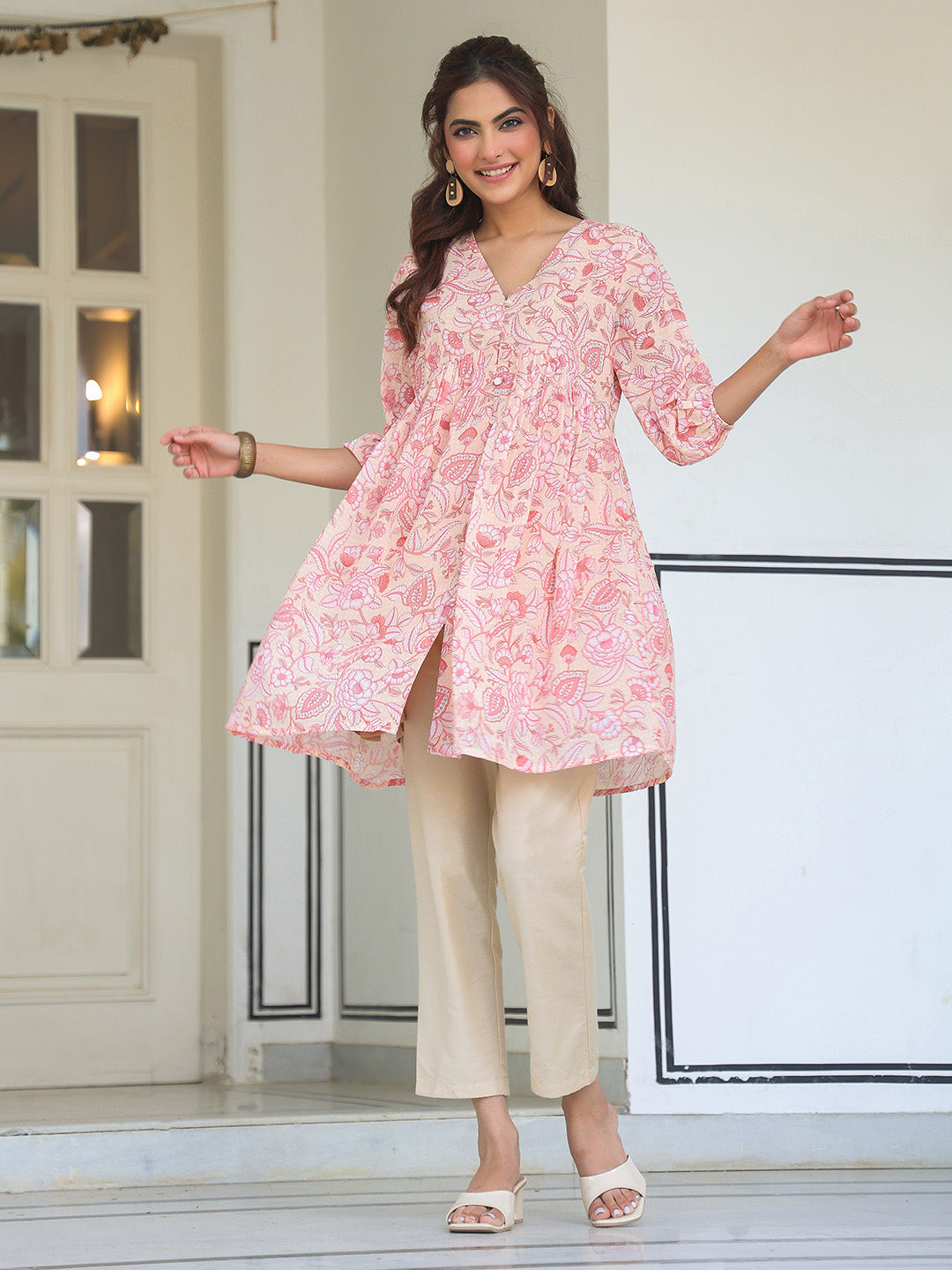 Peach Georgette Floral Printed Gathered Tunic - qivii
