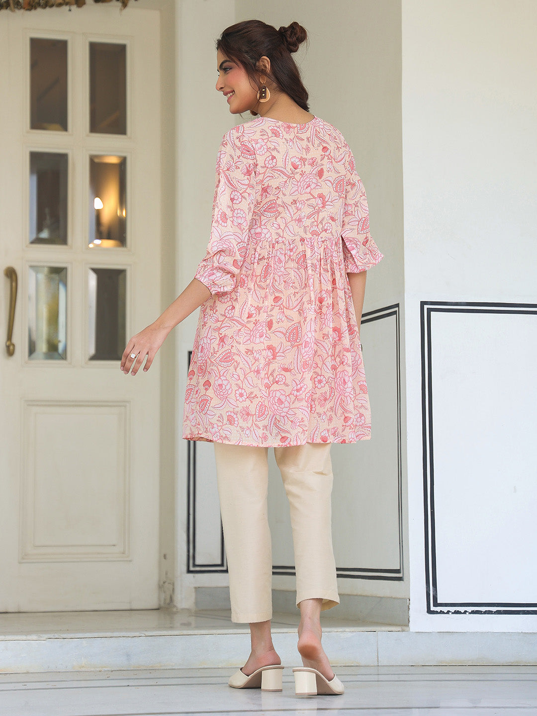 Peach Georgette Floral Printed Gathered Tunic - qivii
