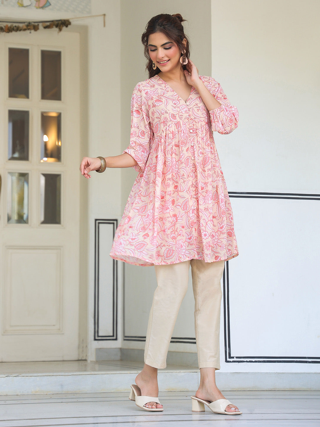 Peach Georgette Floral Printed Gathered Tunic - qivii
