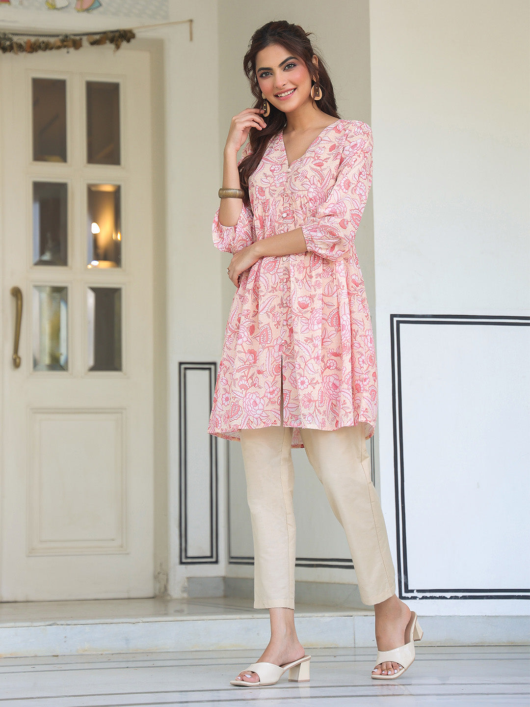 Peach Georgette Floral Printed Gathered Tunic - qivii