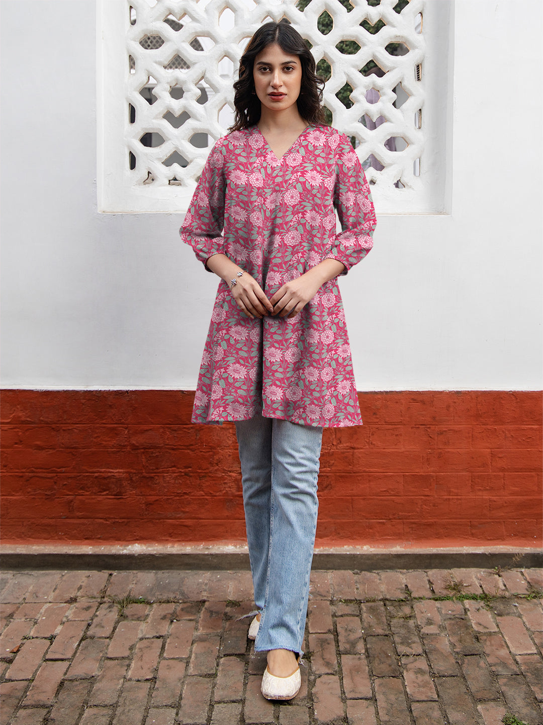 Pink Georgette Floral Printed A-Line Tunic - qivii