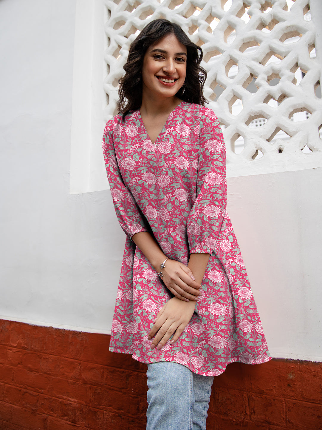 Pink Georgette Floral Printed A-Line Tunic - qivii