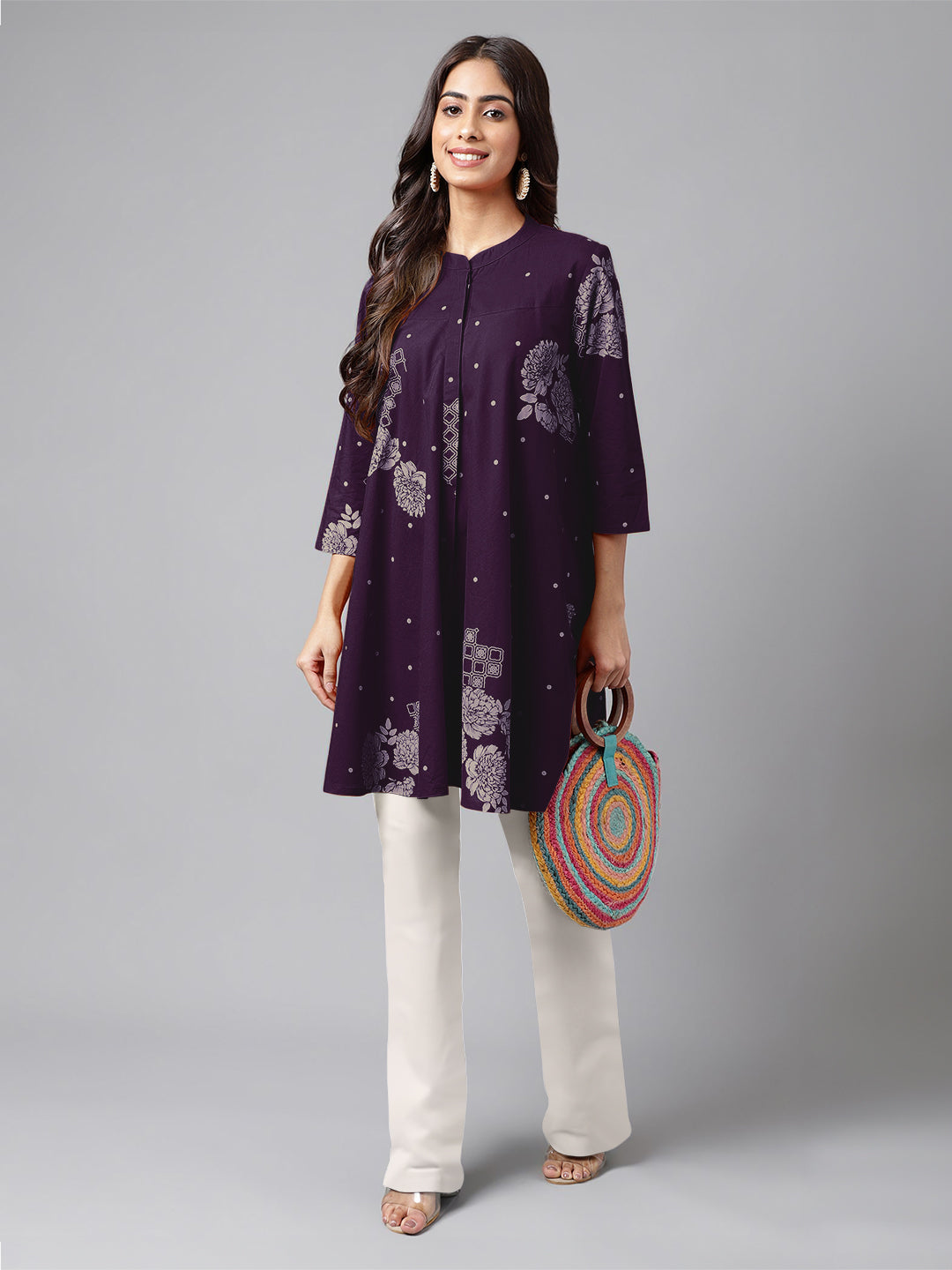 Purple Pure Cotton Floral Printed Flared Tunic - qivii