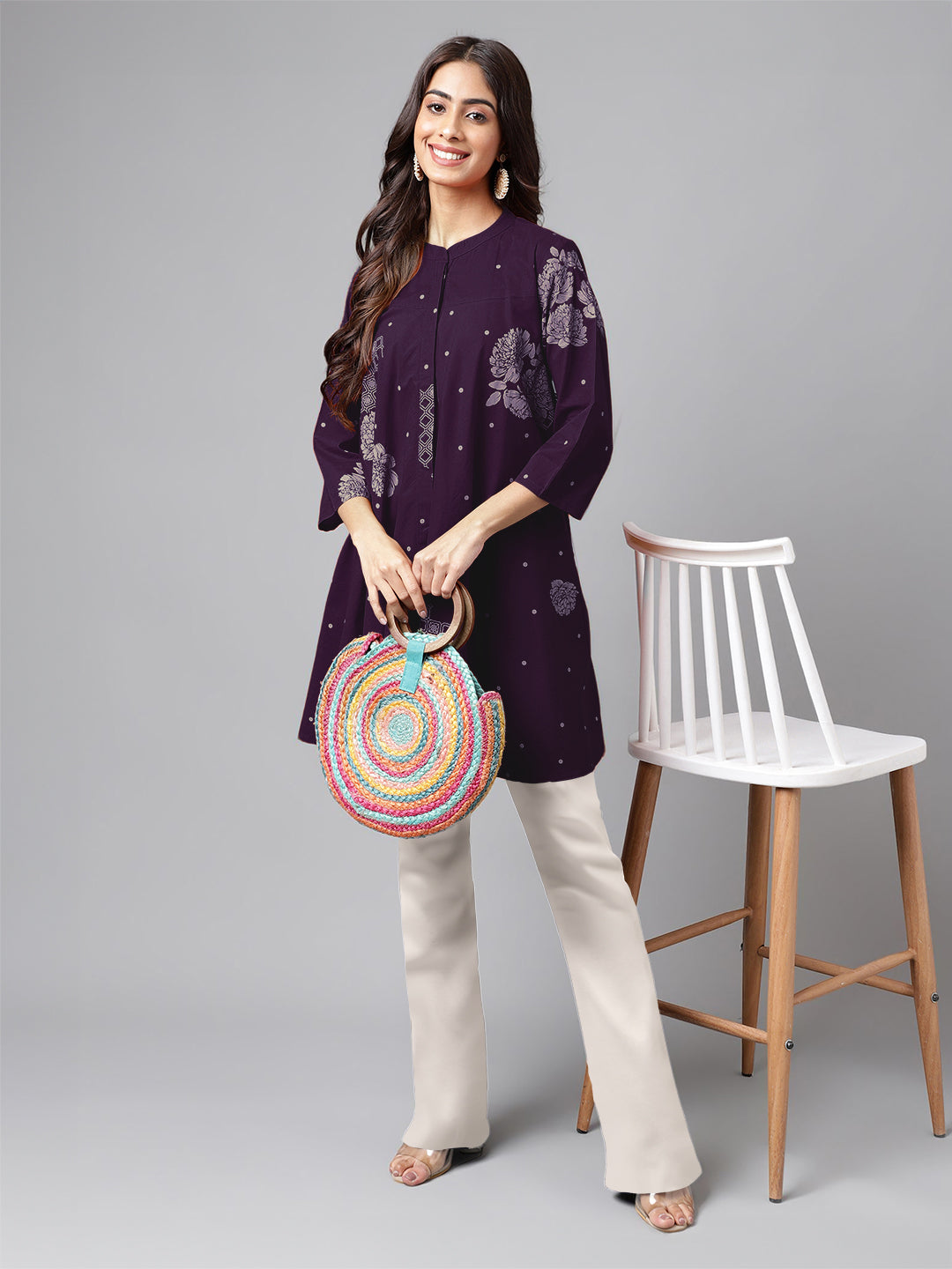 Purple Pure Cotton Floral Printed Flared Tunic - qivii