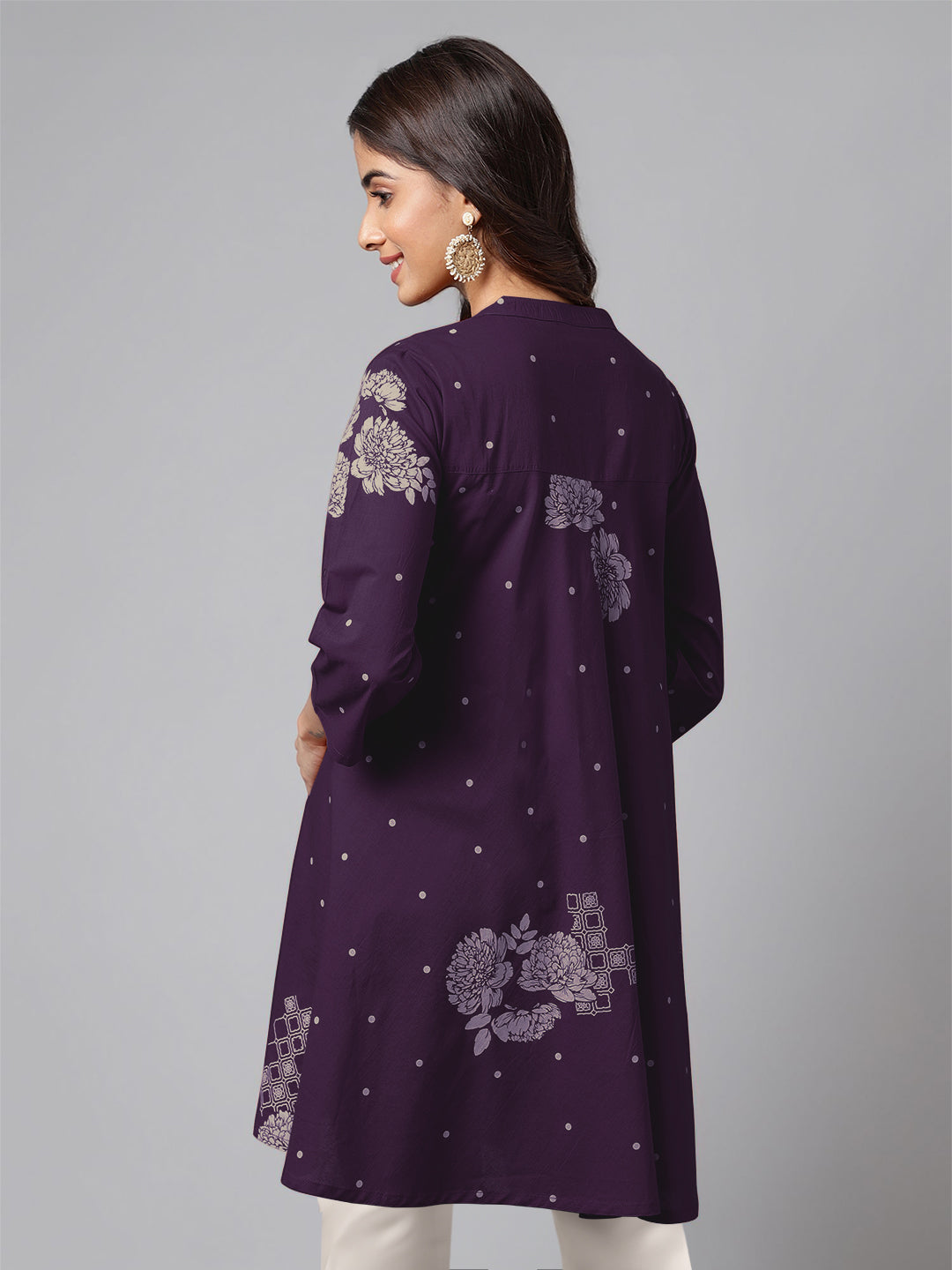 Purple Pure Cotton Floral Printed Flared Tunic - qivii