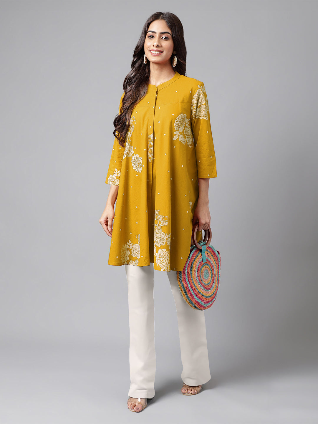 Mustard pure cotton tunic with a floral print and flared silhouette by Janasya, a perfect addition to your summer wardrobe for a casual yet stylish look